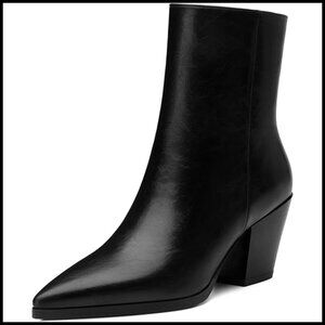 Women's Chunky Heel Ankle Boots Pointed Toe Side Zipper Comfy Fall Winter